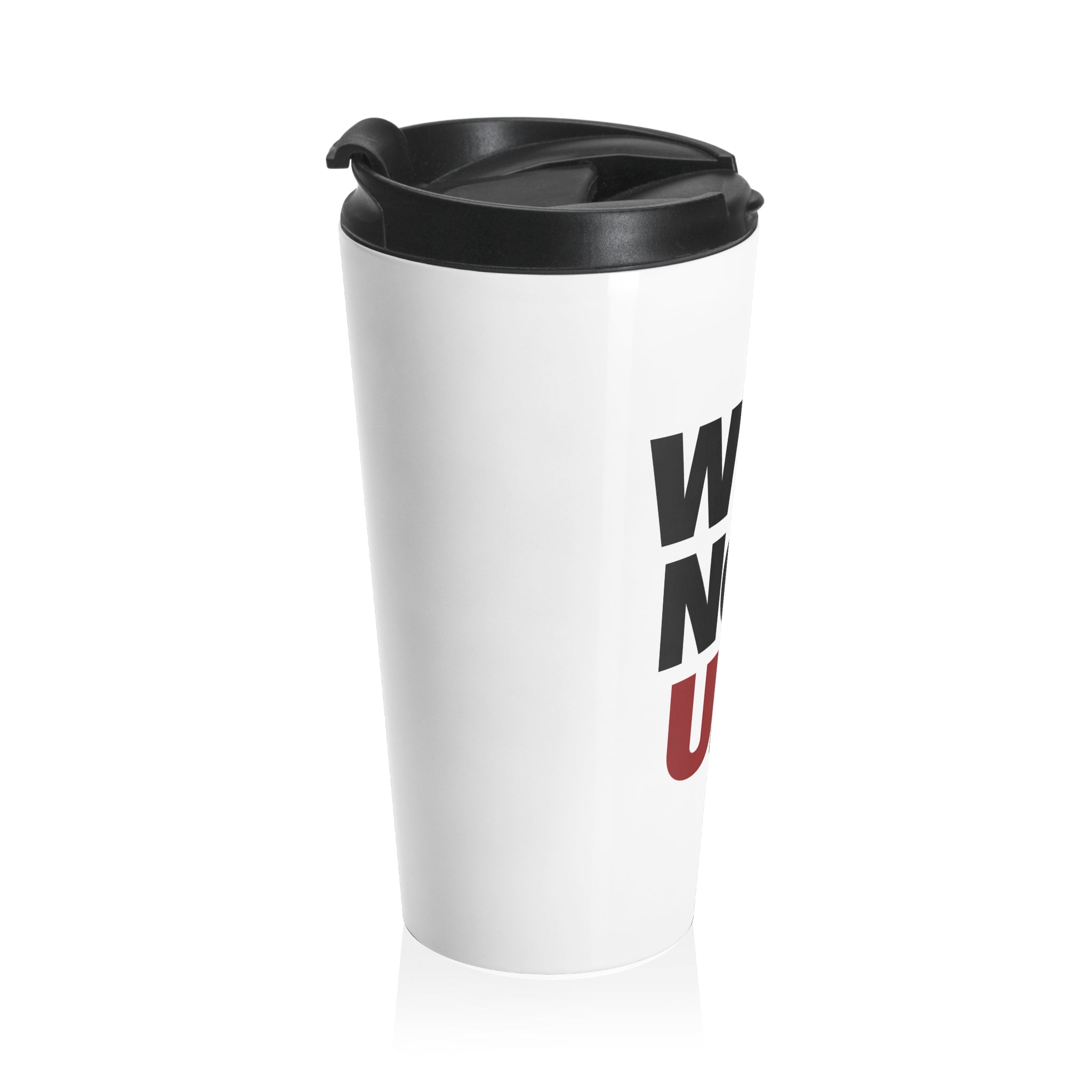 WHY NOT U.S.™ Travel Mug | Bold Black Typography With Red/Blue, Stainless Steel Tumbler