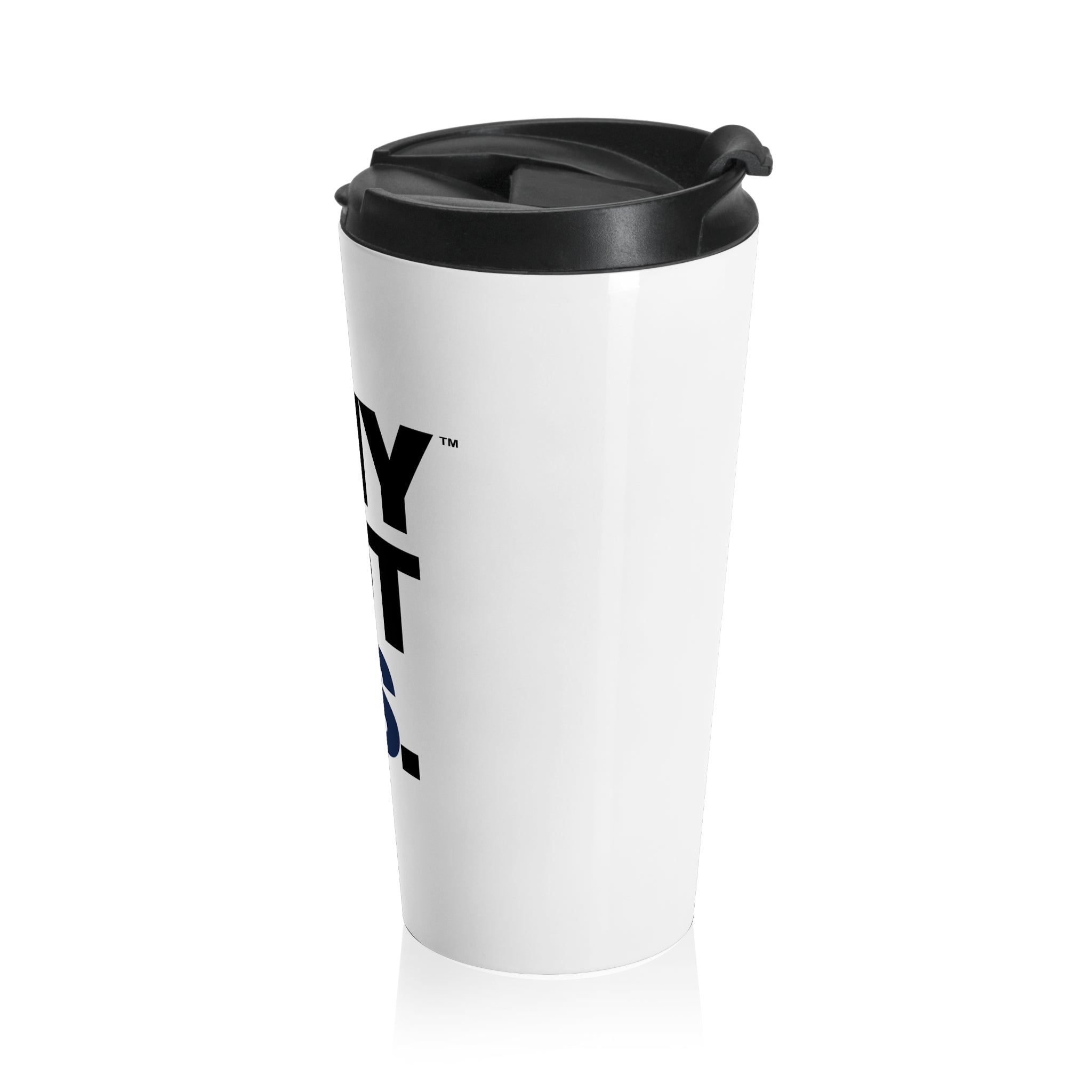WHY NOT U.S.™ Travel Mug | Bold Black Typography With Red/Blue, Stainless Steel Tumbler