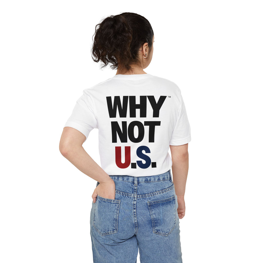 WHY NOT U.S.™ Pocket T-shirt | Patriotic Typography Tee, USA Flag Colors