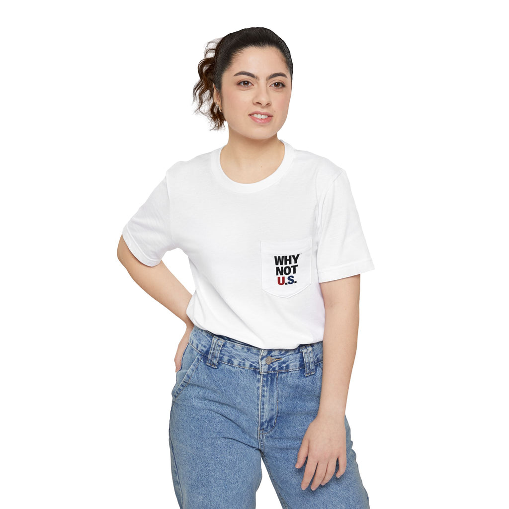 WHY NOT U.S.™ Pocket T-shirt | Patriotic Typography Tee, USA Flag Colors